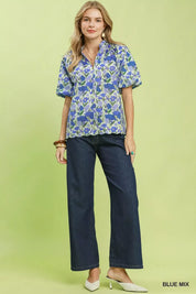 UMGEE Floral Puff Sleeve Blouse with Scalloped Details on Simply Obsessed