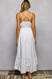 POL Embroidered Detail Tassel Tie Smocked Waist Midi Tiered Cami Dress on Simply Obsessed