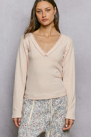 POL V-Neck Long Sleeve Ribbed Top with Lace-Accent Neckband on Simply Obsessed