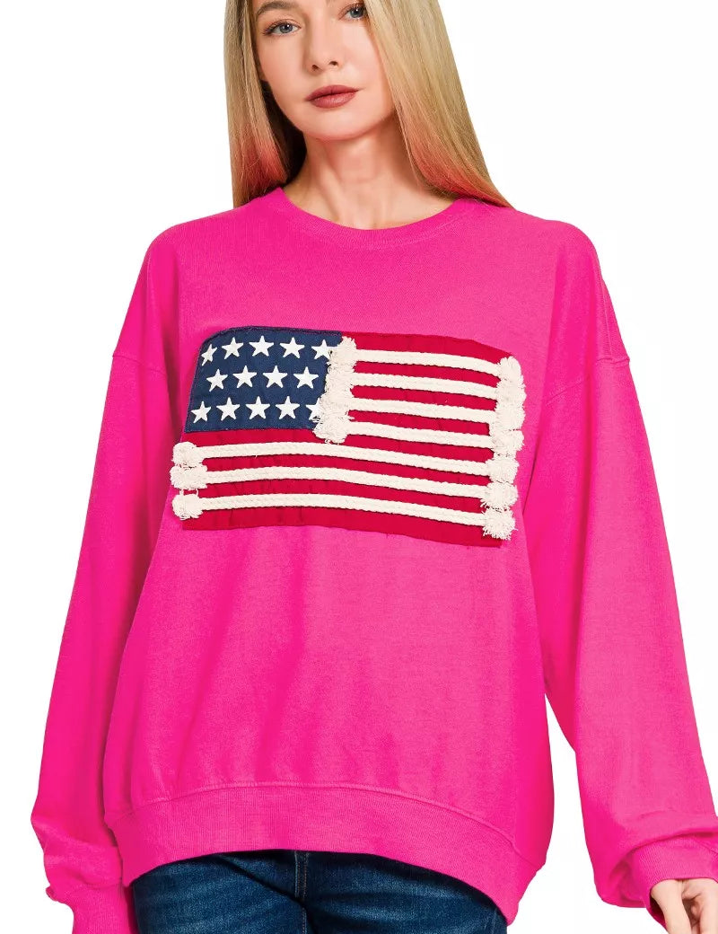 ZENANA French Terry American Flag Pullover on Simply Obsessed