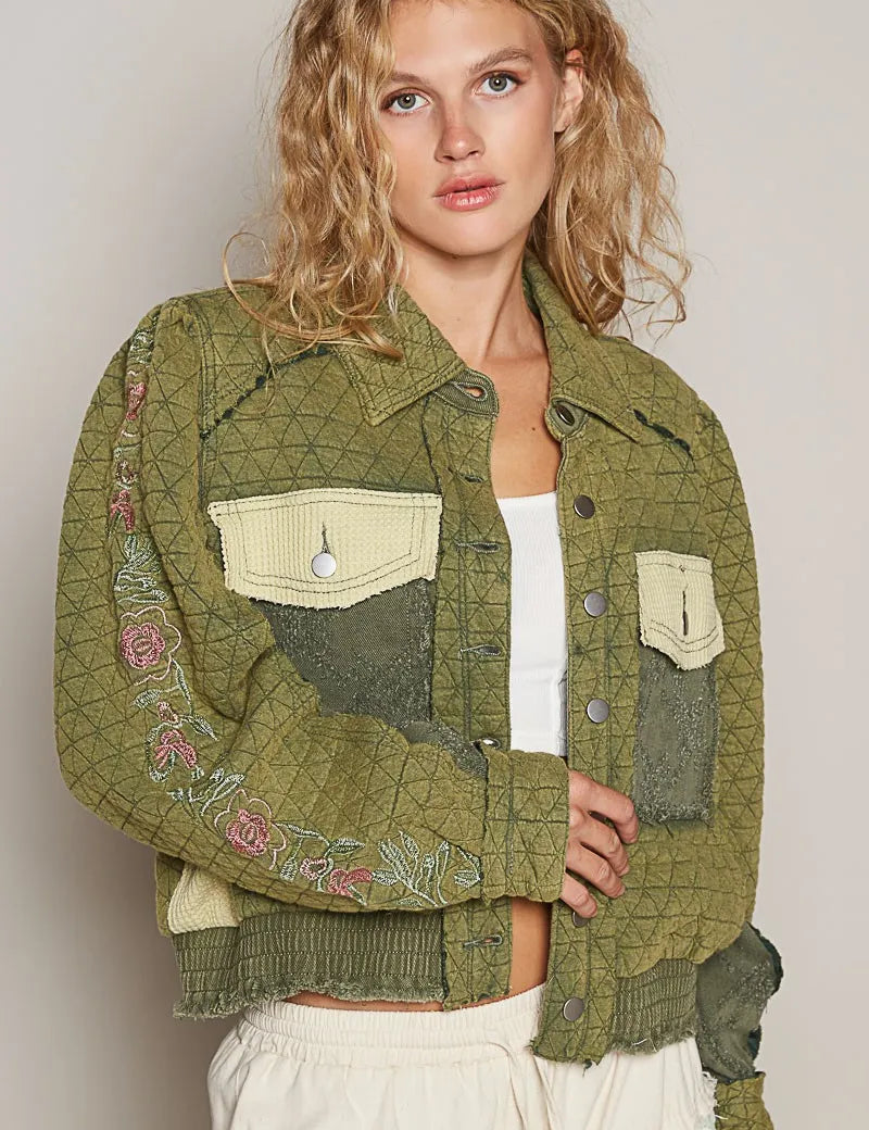 POL Embroidered Sleeve Raw Edge Quilted Jacket on Simply Obsessed
