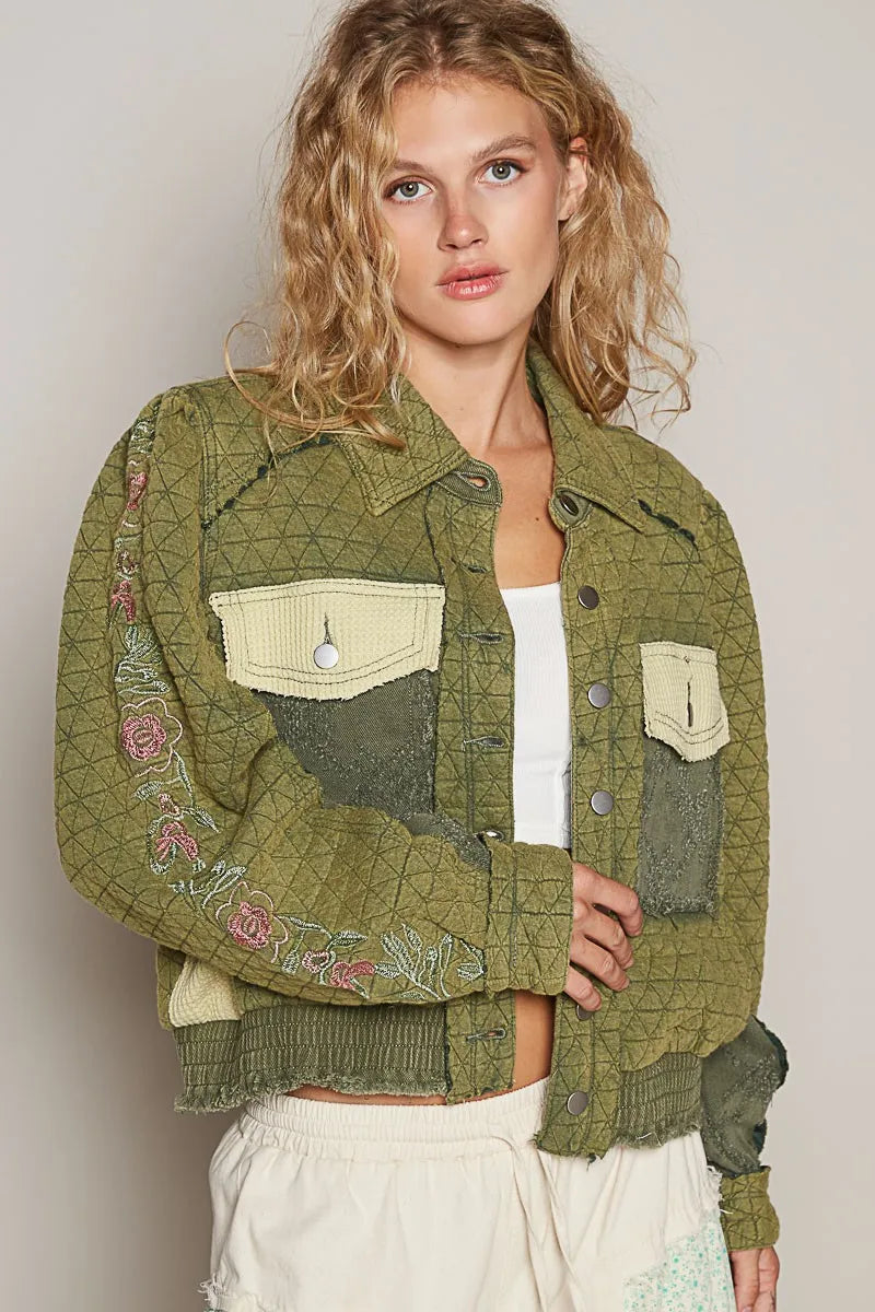 POL Embroidered Sleeve Raw Edge Quilted Jacket on Simply Obsessed