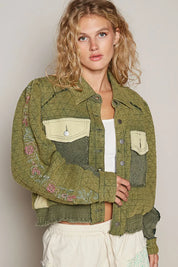POL Embroidered Sleeve Raw Edge Quilted Jacket on Simply Obsessed