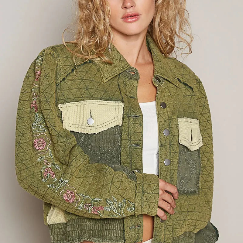 POL Embroidered Sleeve Raw Edge Quilted Jacket on Simply Obsessed