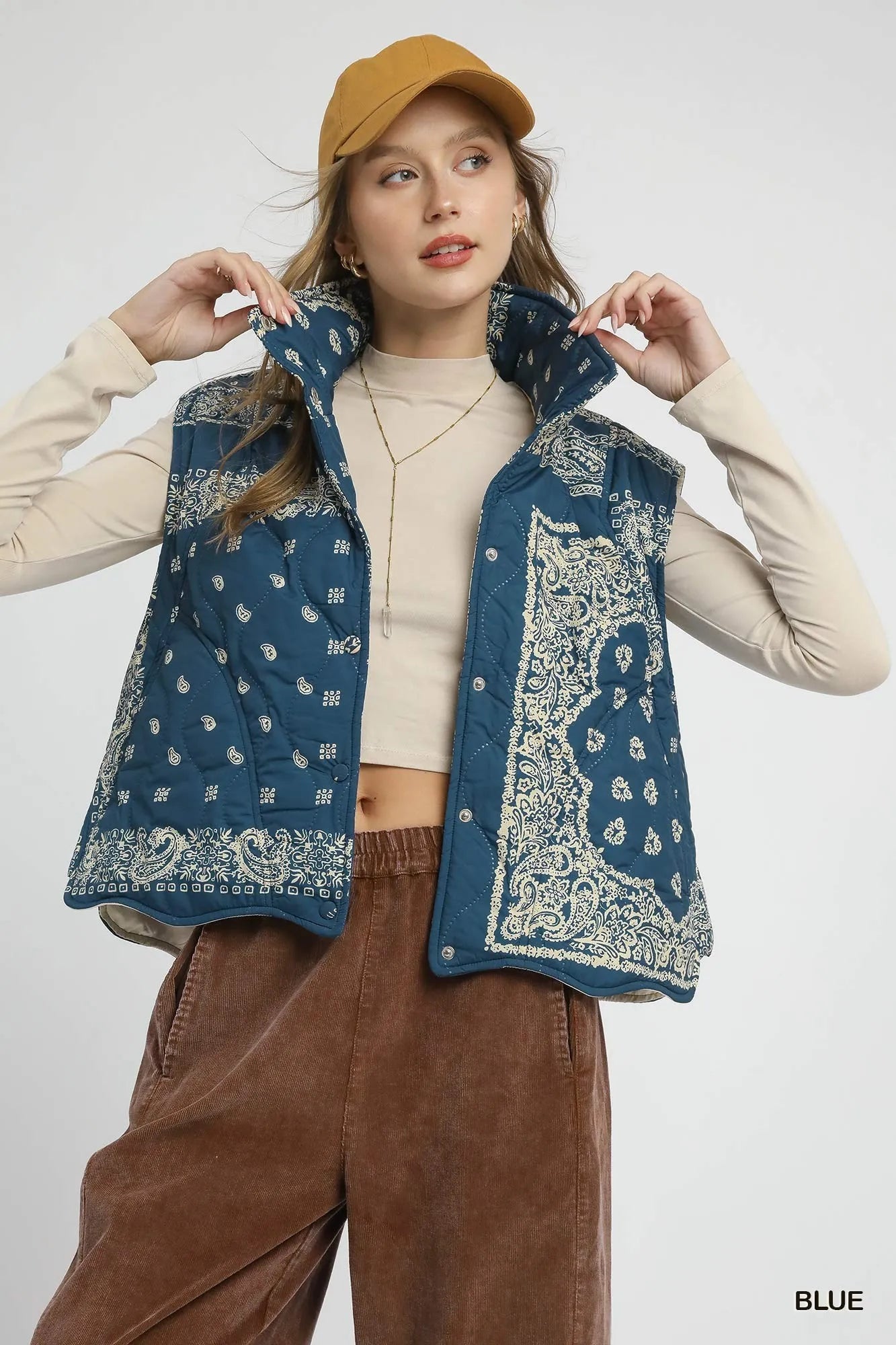 Umgee Bandana Print Quilted Puffer Vest on Simply Obsessed