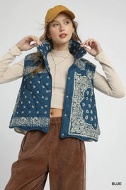 Umgee Bandana Print Quilted Puffer Vest on Simply Obsessed
