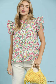UMGEE Floral Print Ruffle Cap Sleeve Shirt **DEBUT SALE** on Simply Obsessed