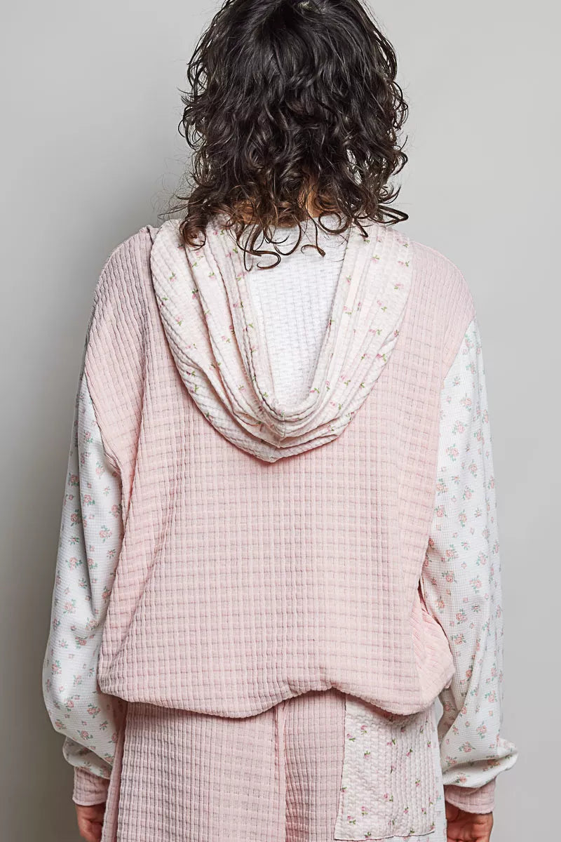POL Mixed Knit Contrast Print Sleeve Hoodie with Kangaroo Pocket on Simply Obsessed