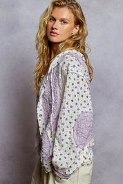 POL Floral Balloon Sleeve Hooded Lace Jacket with Stitch Detail on Simply Obsessed