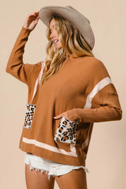 BiBi Mock Neck Sweater with Leopard Pocket on Simply Obsessed