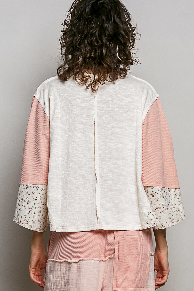 POL Exposed Seam Floral Patchwork Round Neck Textured Slub Knit Top on Simply Obsessed