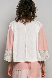 POL Exposed Seam Floral Patchwork Round Neck Textured Slub Knit Top on Simply Obsessed