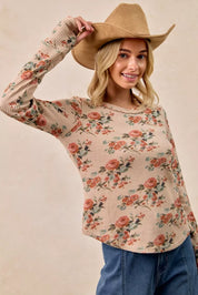 BIBI Floral Print Washed Waffle Thermal Top with Thumb on Simply Obsessed