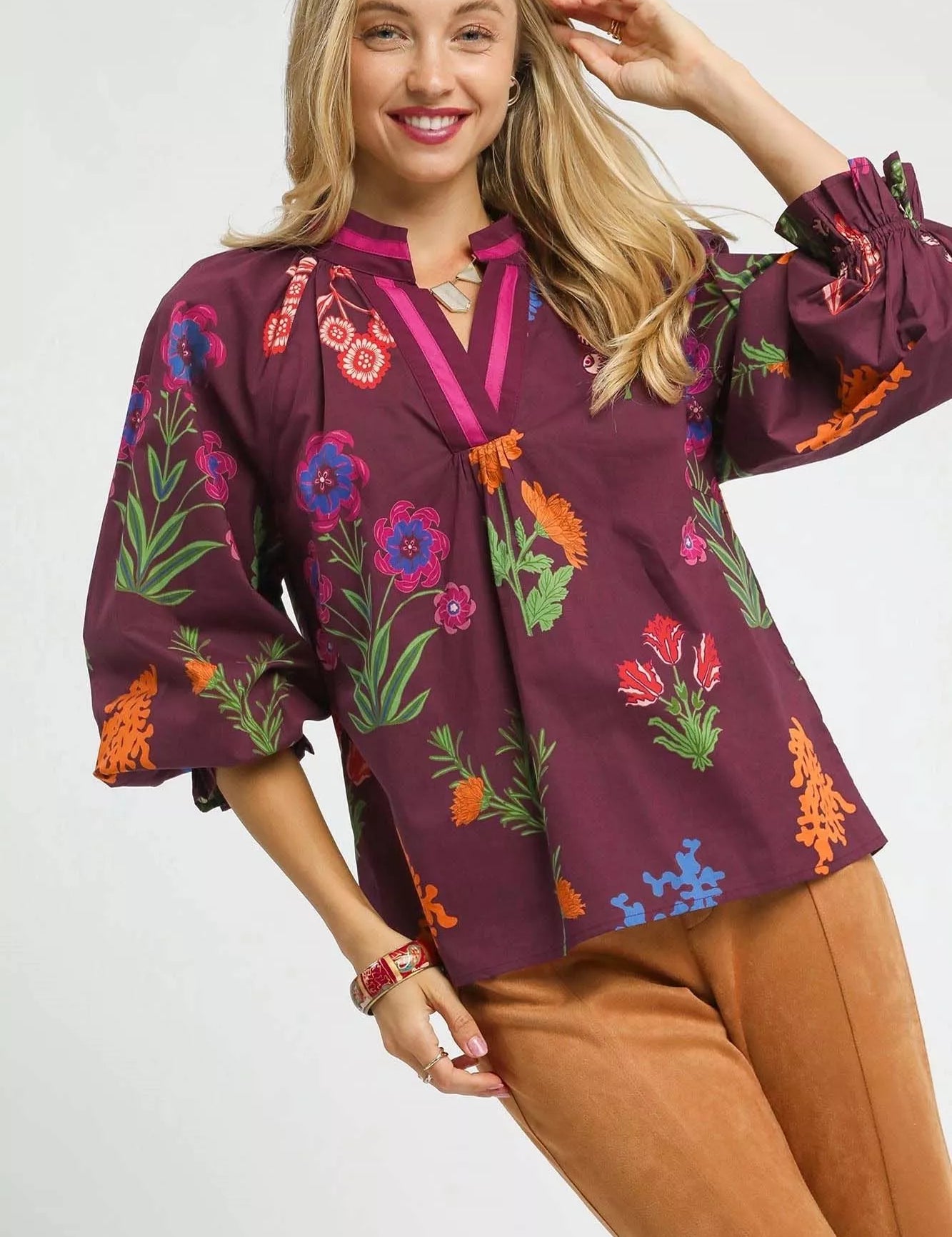 UMGEE Floral Print Flounce Sleeve Blouse on Simply Obsessed