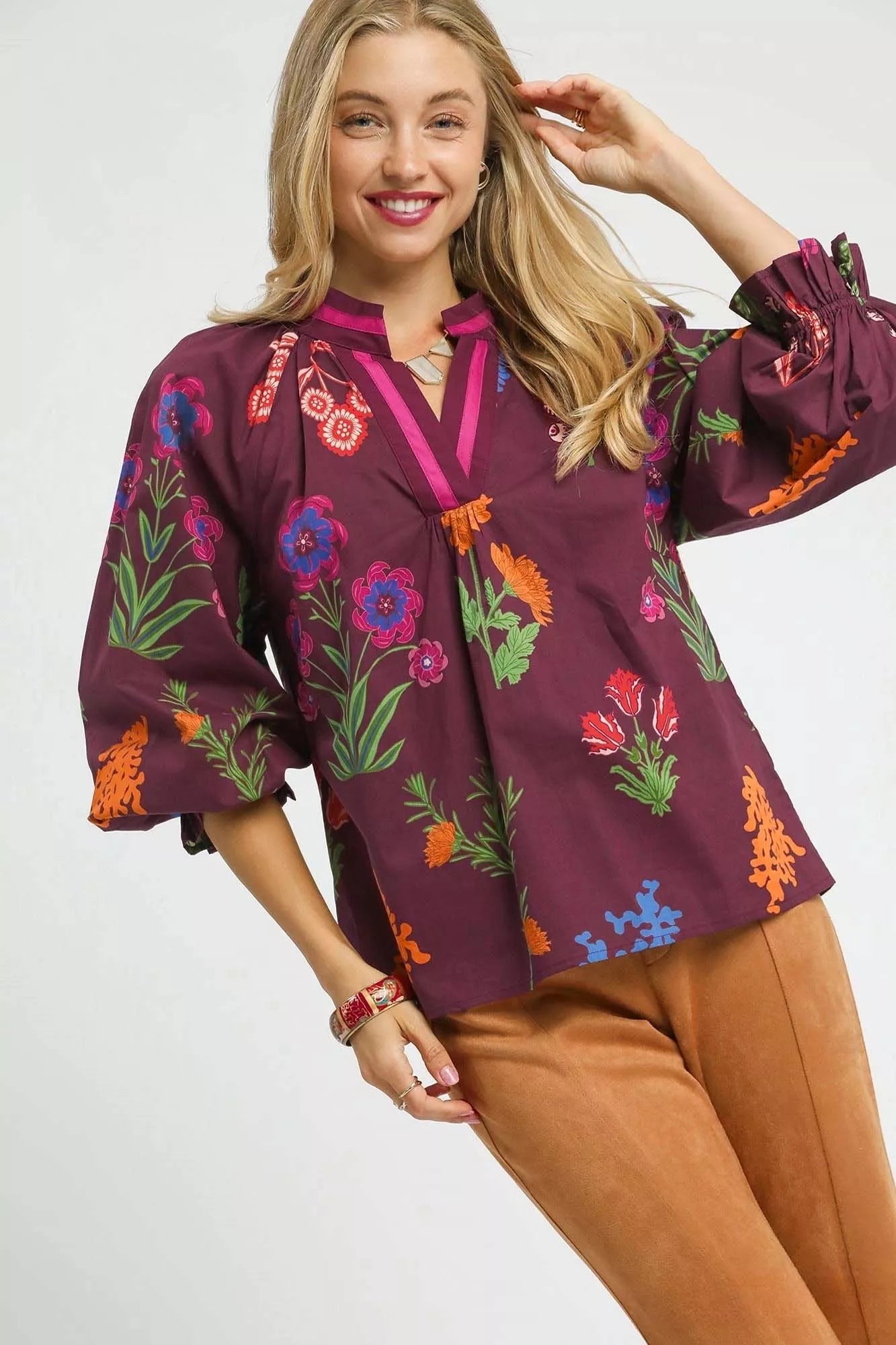UMGEE Floral Print Flounce Sleeve Blouse on Simply Obsessed