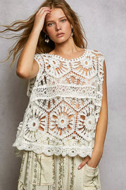 POL Openwork Round Neck Floral Crochet Tank on Simply Obsessed