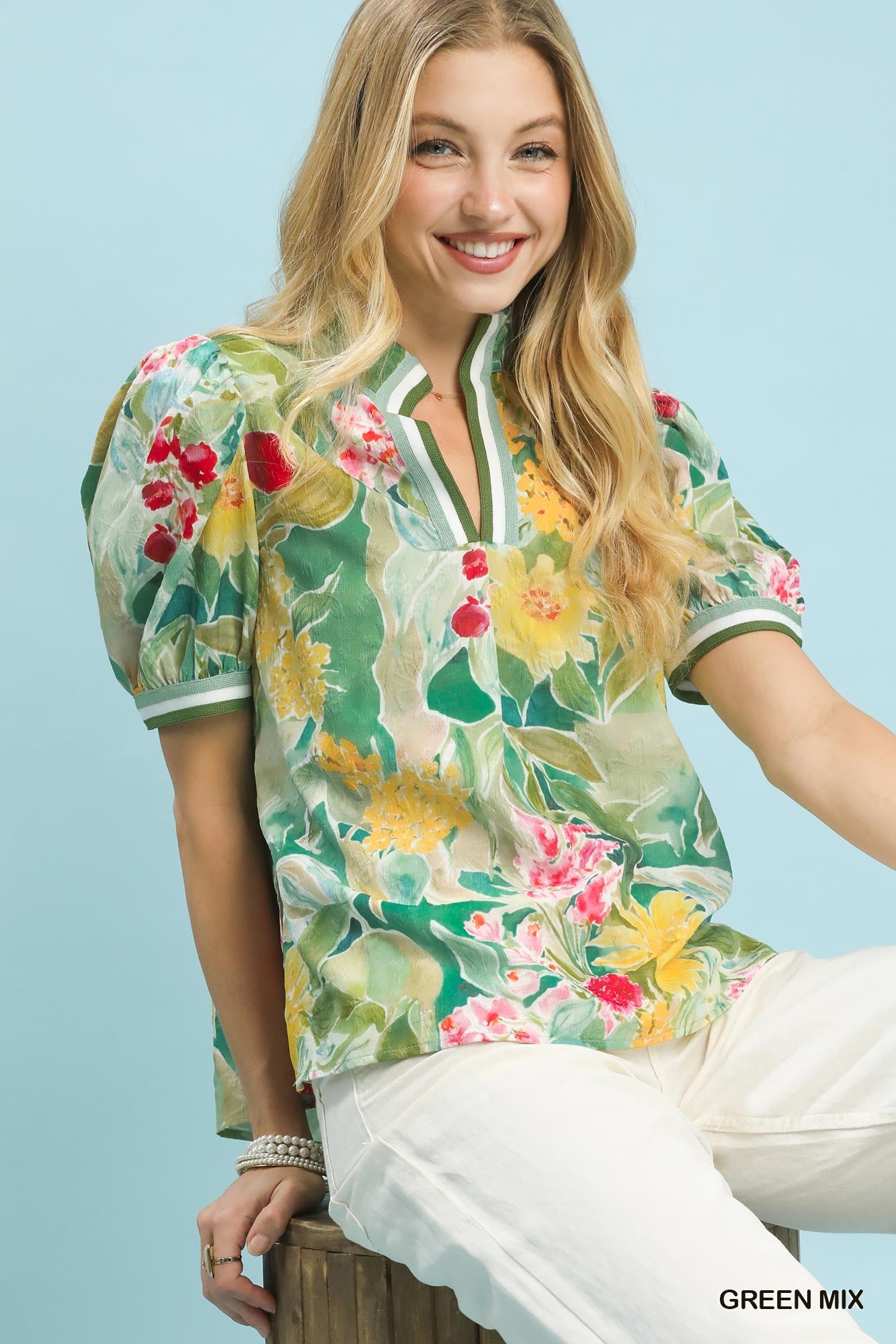 UMGEE Jacquard Bloomscape Print Top on Simply Obsessed