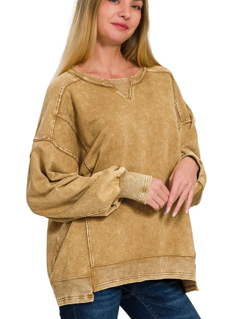 ZENANA French Terry Acid Wash Pullover on Simply Obsessed