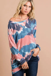 BiBi Tie Dye French Terry Pull Over with Front Stitching Detail on Simply Obsessed