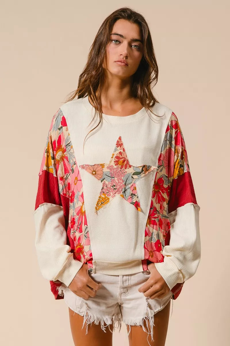 BIBI Floral Print Mixed Star Patch Round Neck Sweatshirt on Simply Obsessed