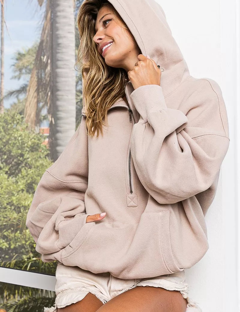 BiBi Stitch Detailed Elastic Hem Half Zip Fleece Hoodie on Simply Obsessed