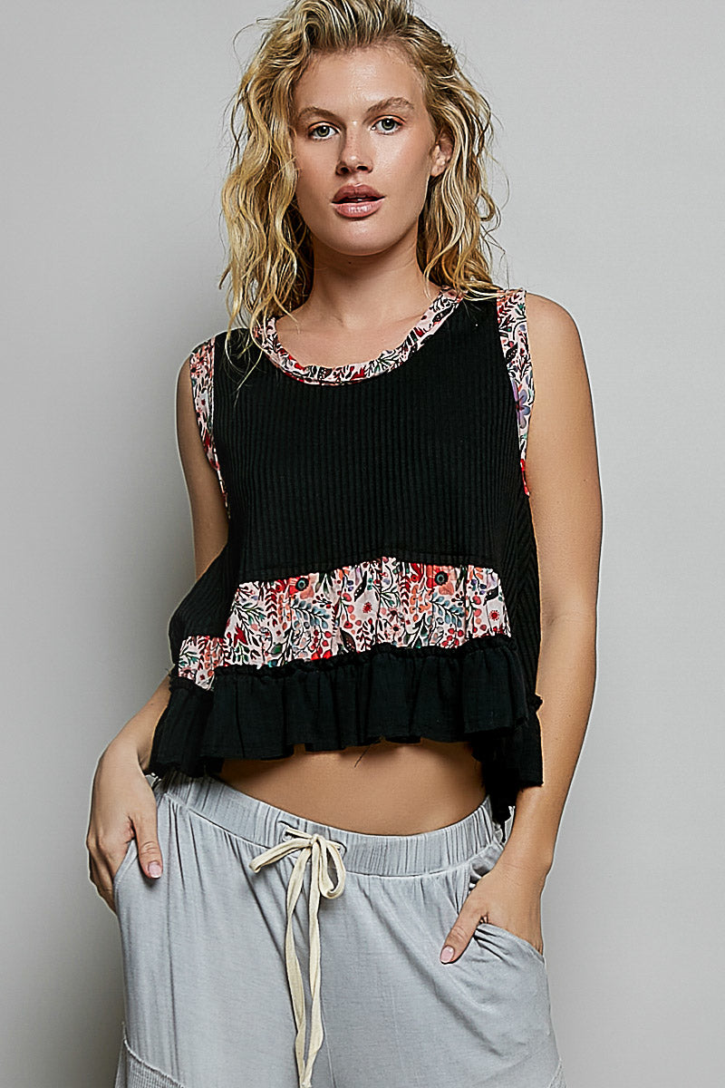 POL Floral Print Patche Round Neck Ribbed Tank with Double Gauze Ruffle Accents on Simply Obsessed