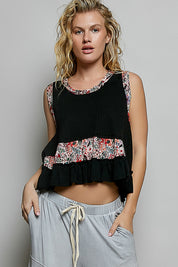 POL Floral Print Patche Round Neck Ribbed Tank with Double Gauze Ruffle Accents on Simply Obsessed