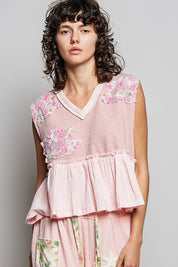 POL Floral Patch Ruffled Sleeveless Top with Raw Edge Detail on Simply Obsessed