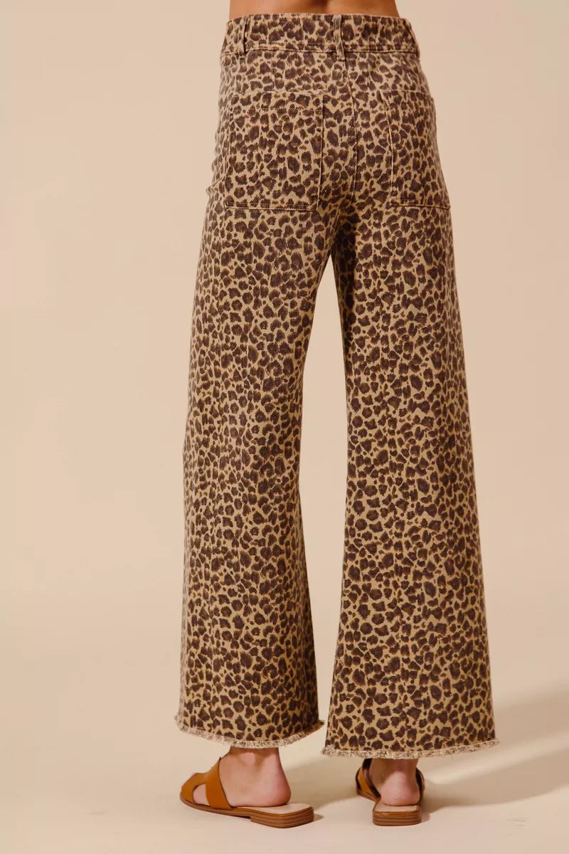 SO ME Mid Rise Leopard Twill Frayed Hem Wide Leg Pants on Simply Obsessed