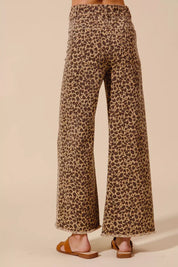 SO ME Mid Rise Leopard Twill Frayed Hem Wide Leg Pants on Simply Obsessed