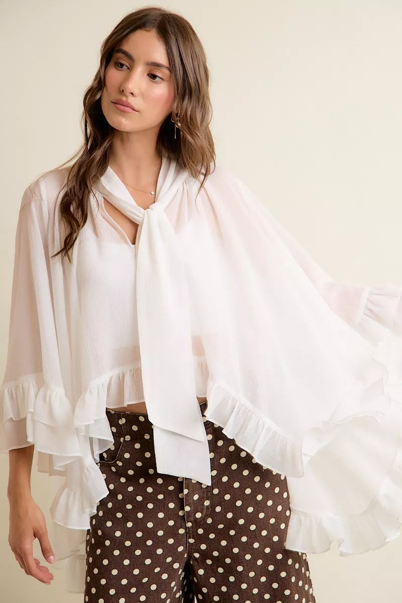 SO ME Sheer Ruffle Bell Sleeves Bow Tie Flowy Blouse Top on Simply Obsessed