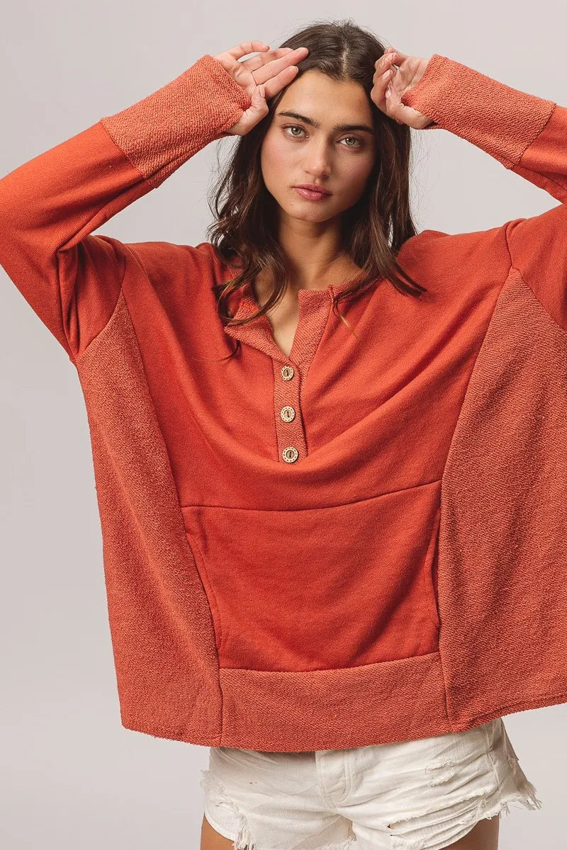 BiBi French Terry Knit Side Block Buttoned Henley Top on Simply Obsessed