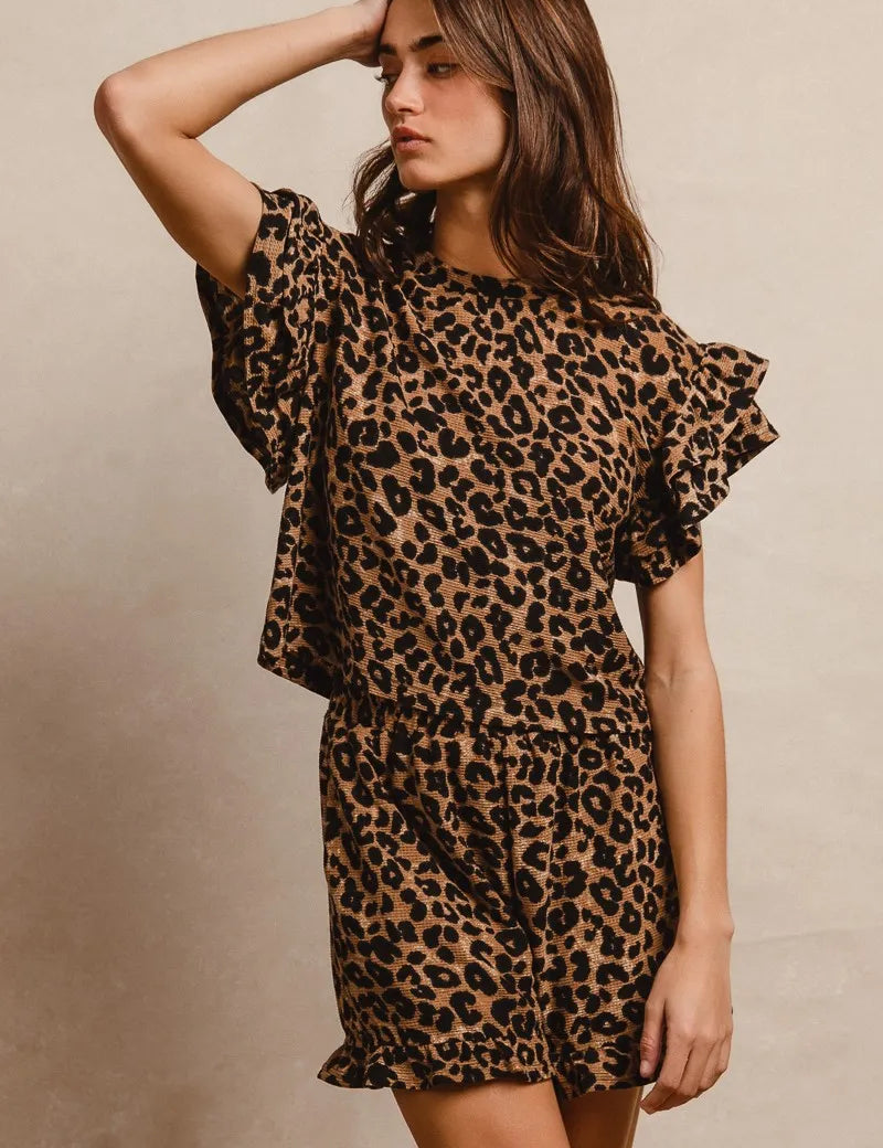 BIBI Leopard Print Waffle Texture Layered Ruffle Sleeve Top and Shorts Set on Simply Obsessed
