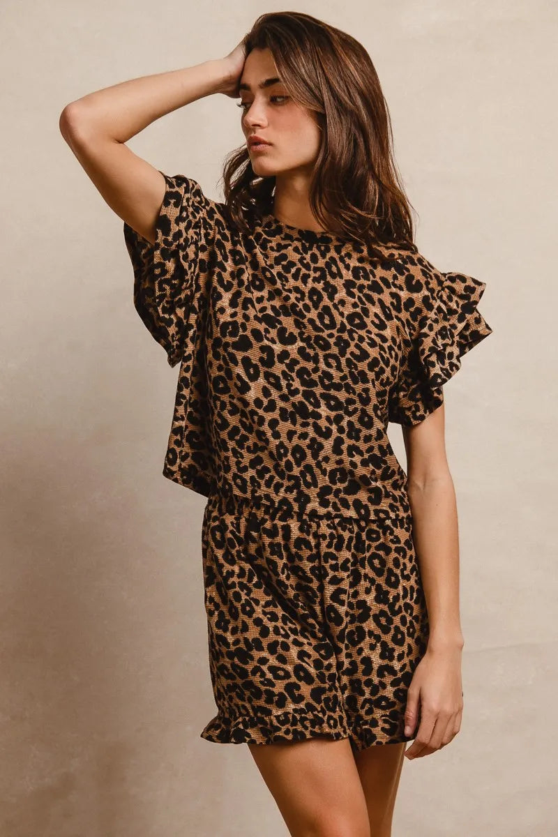 BIBI Leopard Print Waffle Texture Layered Ruffle Sleeve Top and Shorts Set on Simply Obsessed