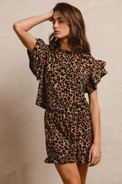 BIBI Leopard Print Waffle Texture Layered Ruffle Sleeve Top and Shorts Set on Simply Obsessed