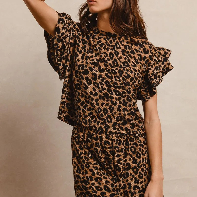 BIBI Leopard Print Waffle Texture Layered Ruffle Sleeve Top and Shorts Set on Simply Obsessed