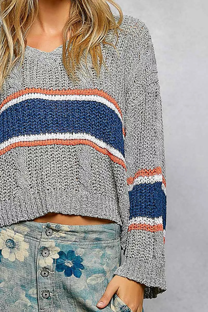 POL V-Neck Striped Pattern Cropped Knit Top with Cable Knit Detail on Simply Obsessed