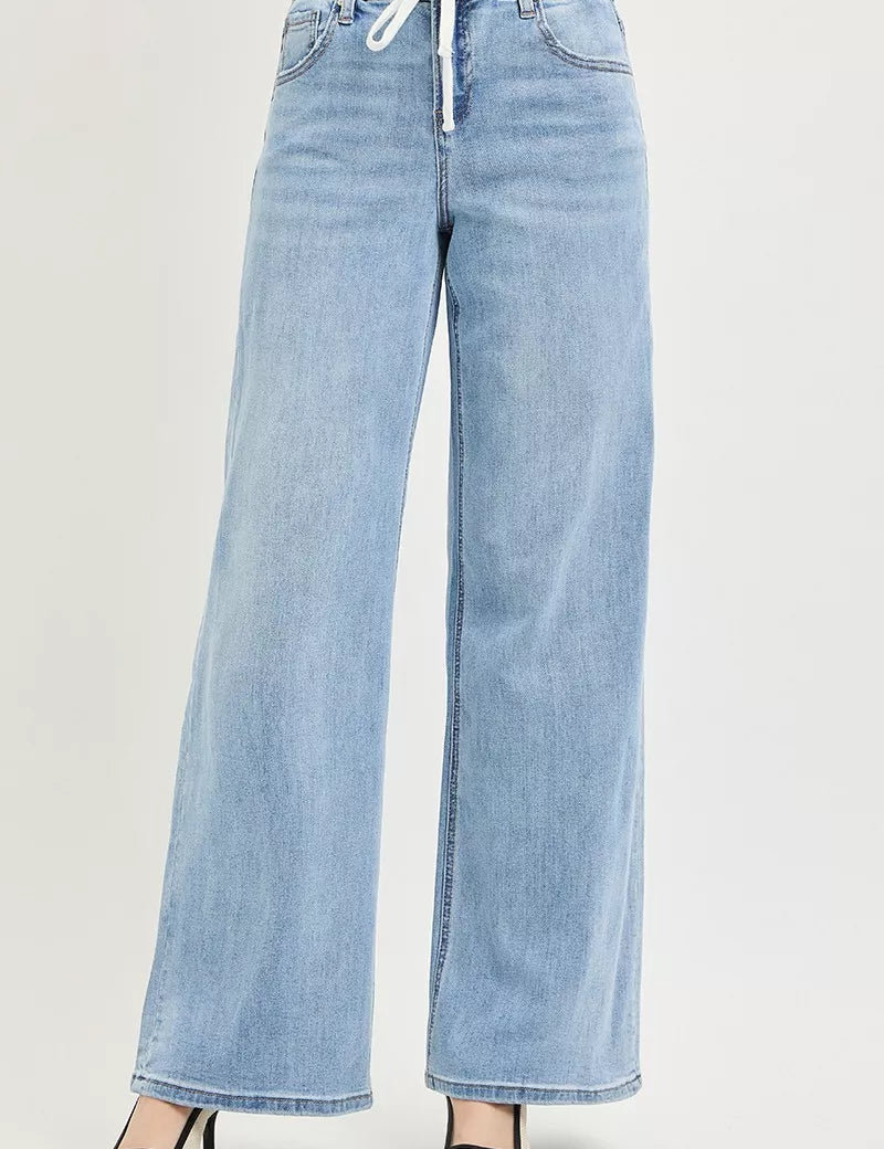 RISEN Elastic Band Slouchy Wide Jeans with Drawstring on Simply Obsessed