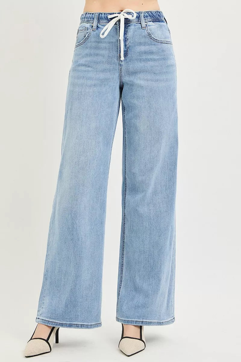 RISEN Elastic Band Slouchy Wide Jeans with Drawstring on Simply Obsessed