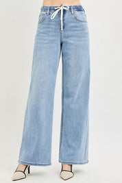 RISEN Elastic Band Slouchy Wide Jeans with Drawstring on Simply Obsessed