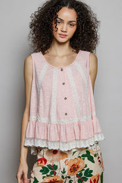 POL Lace Trim Ruffle Hem Button Detail Round Neck Sleeveless Top on Simply Obsessed