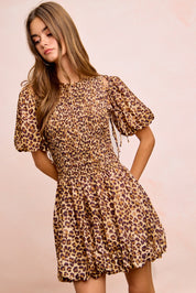 BIBI Leopard Bow Tie Attachable Puff Sleeves Dress on Simply Obsessed