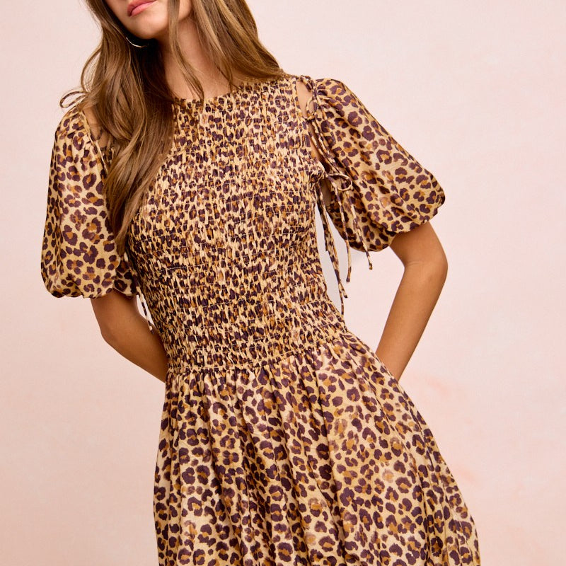 BIBI Leopard Bow Tie Attachable Puff Sleeves Dress on Simply Obsessed