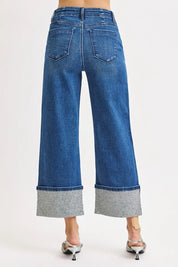 RISEN High Rise Ankle Wide Rhine Stone Cuffed Jeans on Simply Obsessed