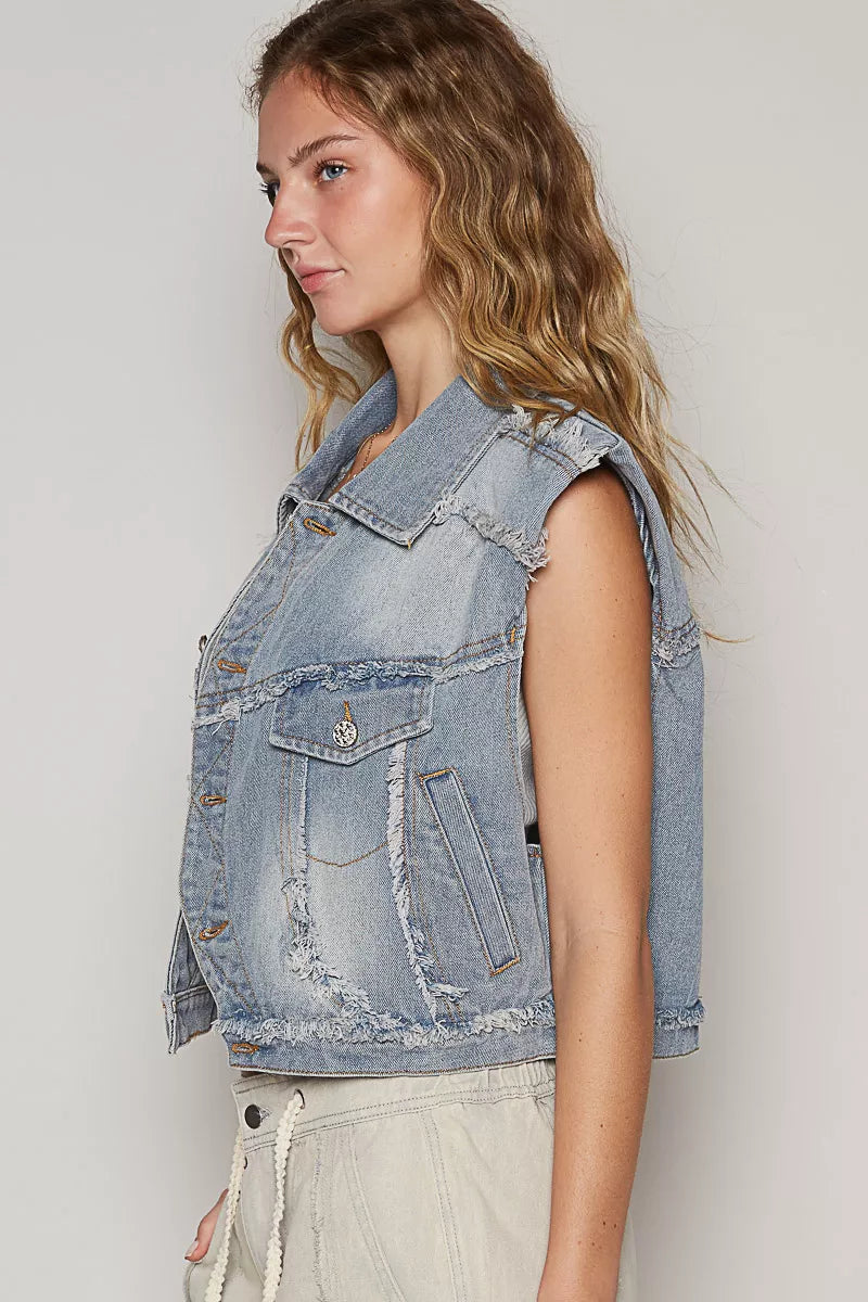 POL Assymetrical Front Closure Raw Hem Denim Vest on Simply Obsessed