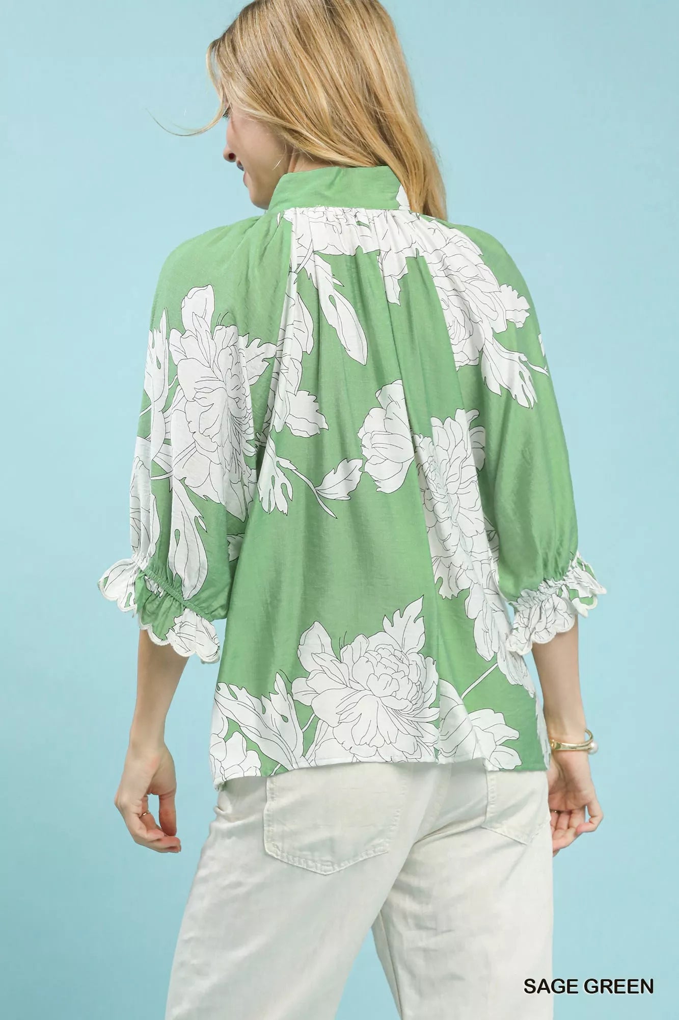 Umgee Peony Illustration Print Flounce Sleeve Blouse on Simply Obsessed