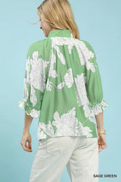 Umgee Peony Illustration Print Flounce Sleeve Blouse on Simply Obsessed