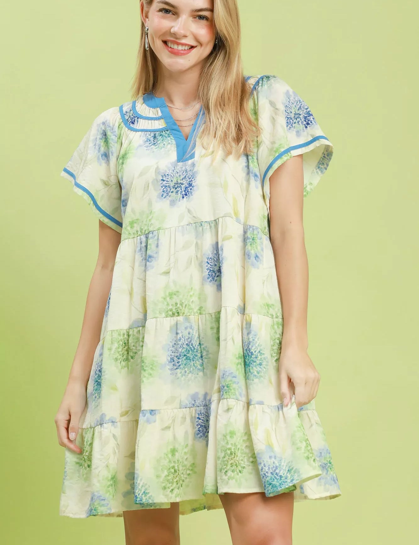 UMGEE Floral Print Contrast Trim Tiered Babydoll Dress on Simply Obsessed
