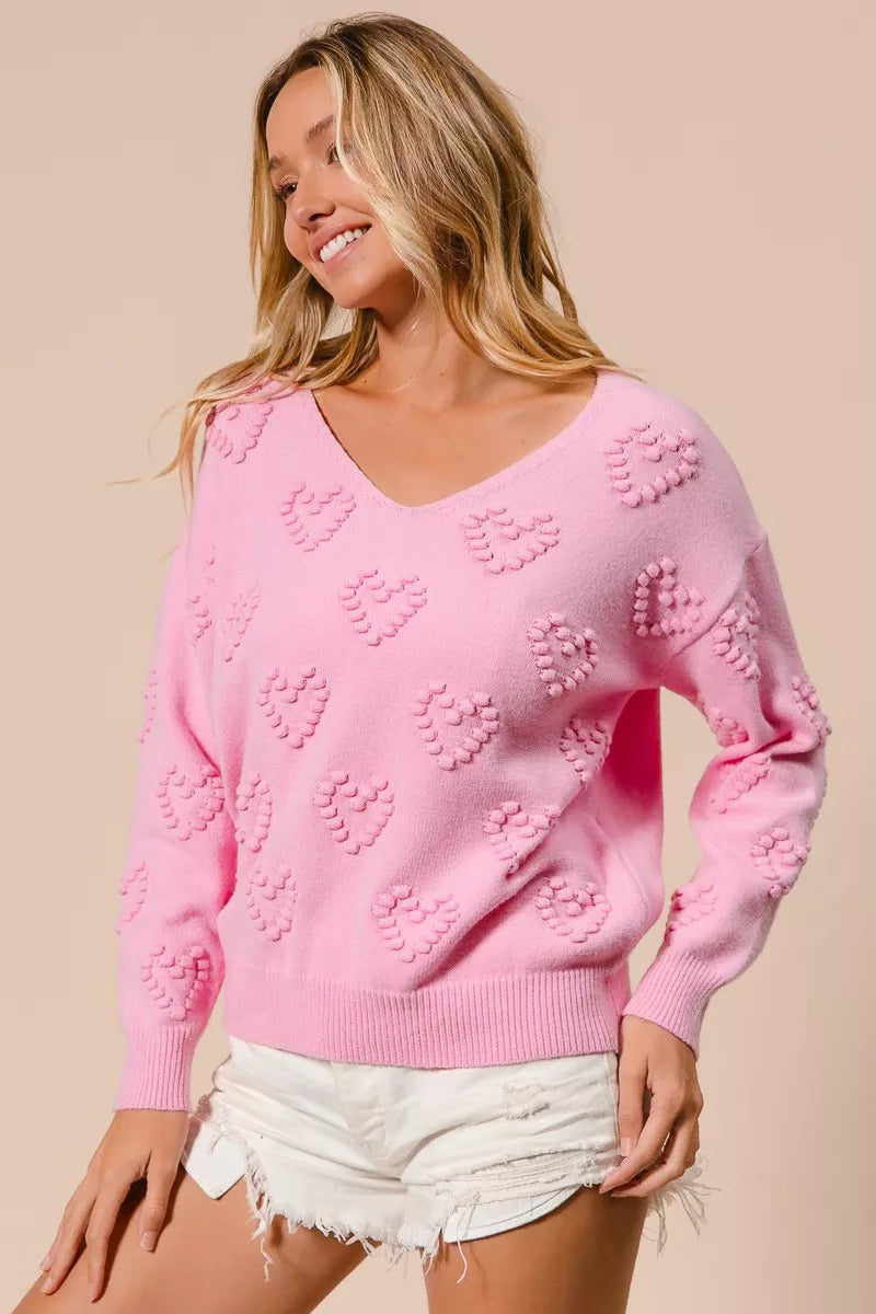 BiBi Valentines Heart Pompom V Neck Knit Top on Simply Obsessed