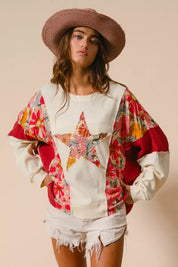 BIBI Floral Print Mixed Star Patch Round Neck Sweatshirt on Simply Obsessed